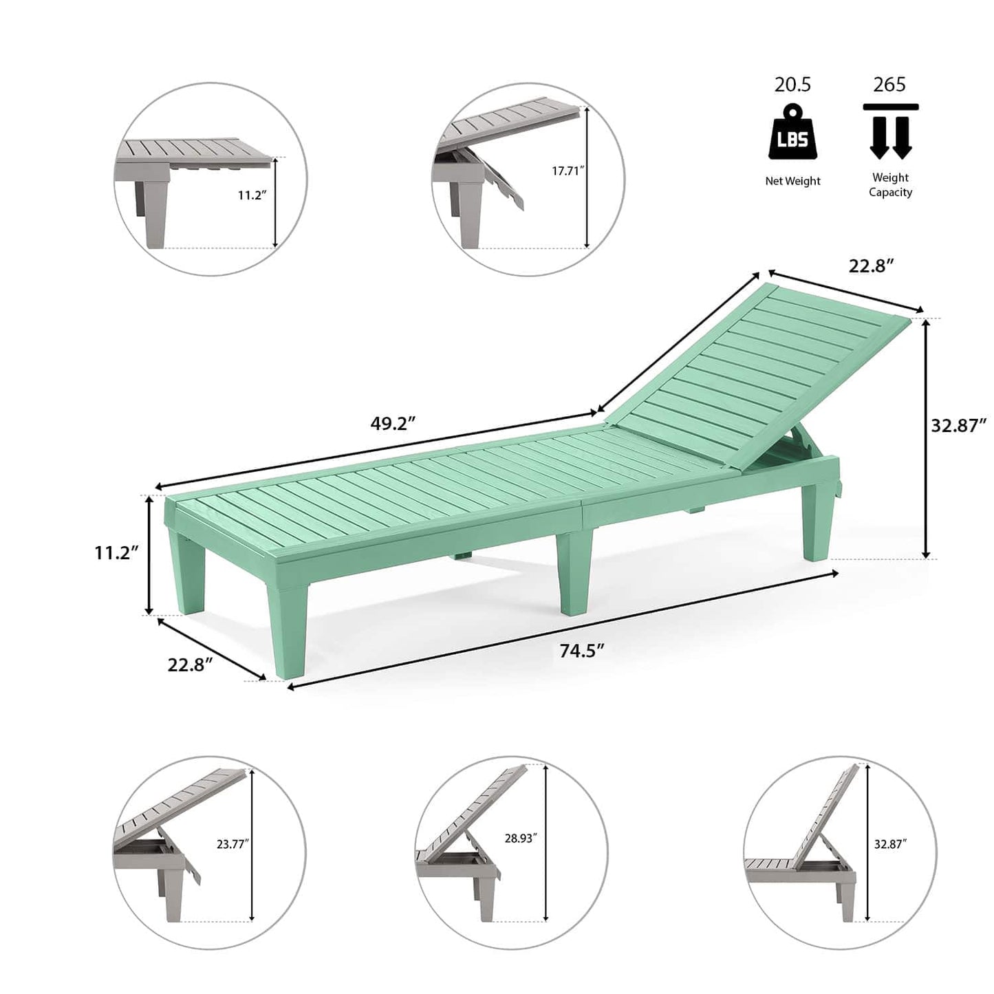 Nestl Sun Tanning Chair - Sage Green Chaise Lounge Chair Outdoor, Lightweight Pool Lounge Chairs Set of 2, Adjustable 5-Position Reclining Lawn Chair, Waterproof Beach Outdoor Lounge Chairs