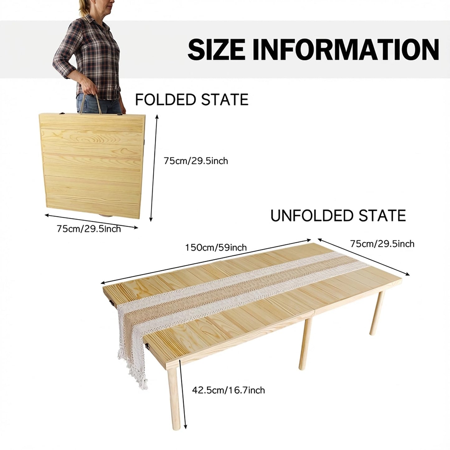 Amdermi Folding Picnic Table with Table Runner, 60 x 30 Inch Portable Boho Low Picnic Table for Indoor Outdoor Camping, Beach, Garden, Party, 6-8 Person
