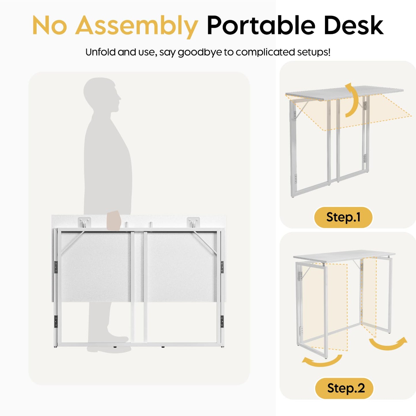 alawooder Folding Desk - 39.4” Wood Top Foldable Desk for Small Spaces | No Assembly Required Compact Desk for Home Office, Writing, and Study