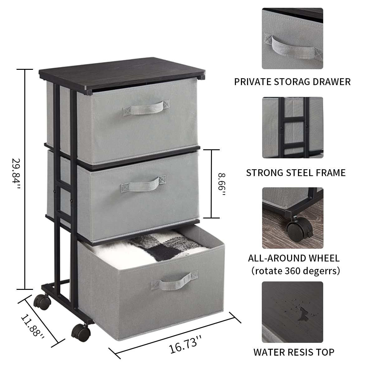 MAX Houser Dresser Tower with 3 Drawers for Bedroom, Fabric Storage Organizer Unit, Chest of Drawers with with WoodTop, Small Vertical Storage for Guest Room, Closet, Entryway(Grey)