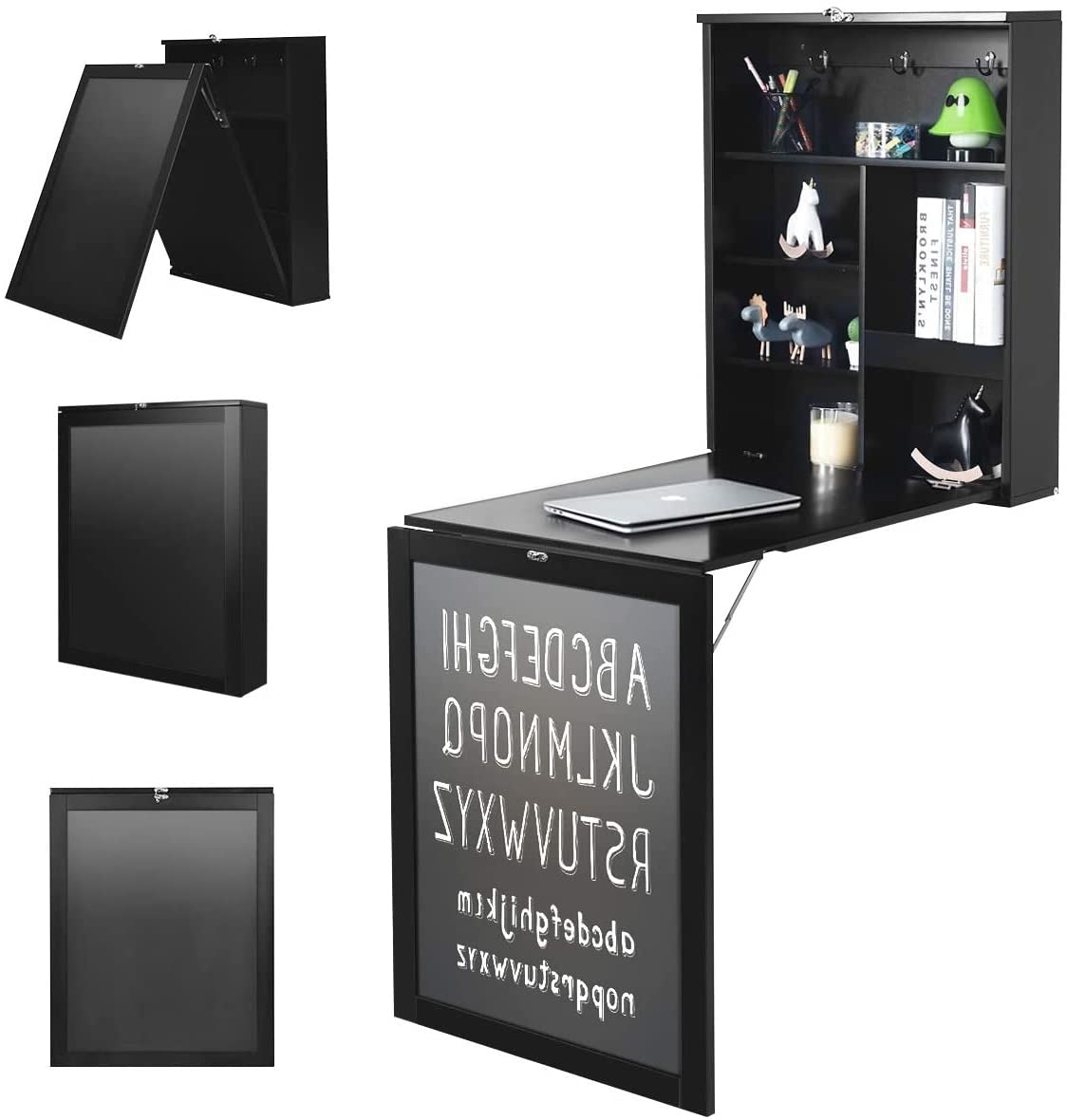 GRAFFY Modern Black Wall-Mounted Folding Desk, 24" x 34" x 57.5" (L x W x H), Multi-Function Table with Storage Shelves & Hooks, Computer Desk Laptop Workstation Home Office