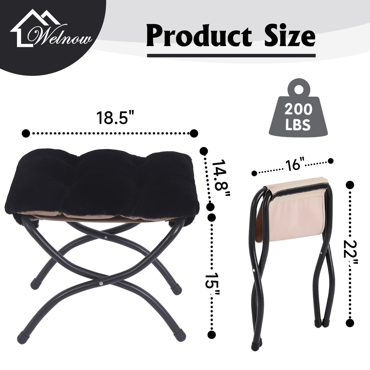 Welnow Folding Foot Stool, Upholstered Small Accent Ottoman with Detachable Thick Cotton Cushion Padded Sofa Stool and Metal Frame for Lazy Chair, Living Room, Bedroom, Plush Black