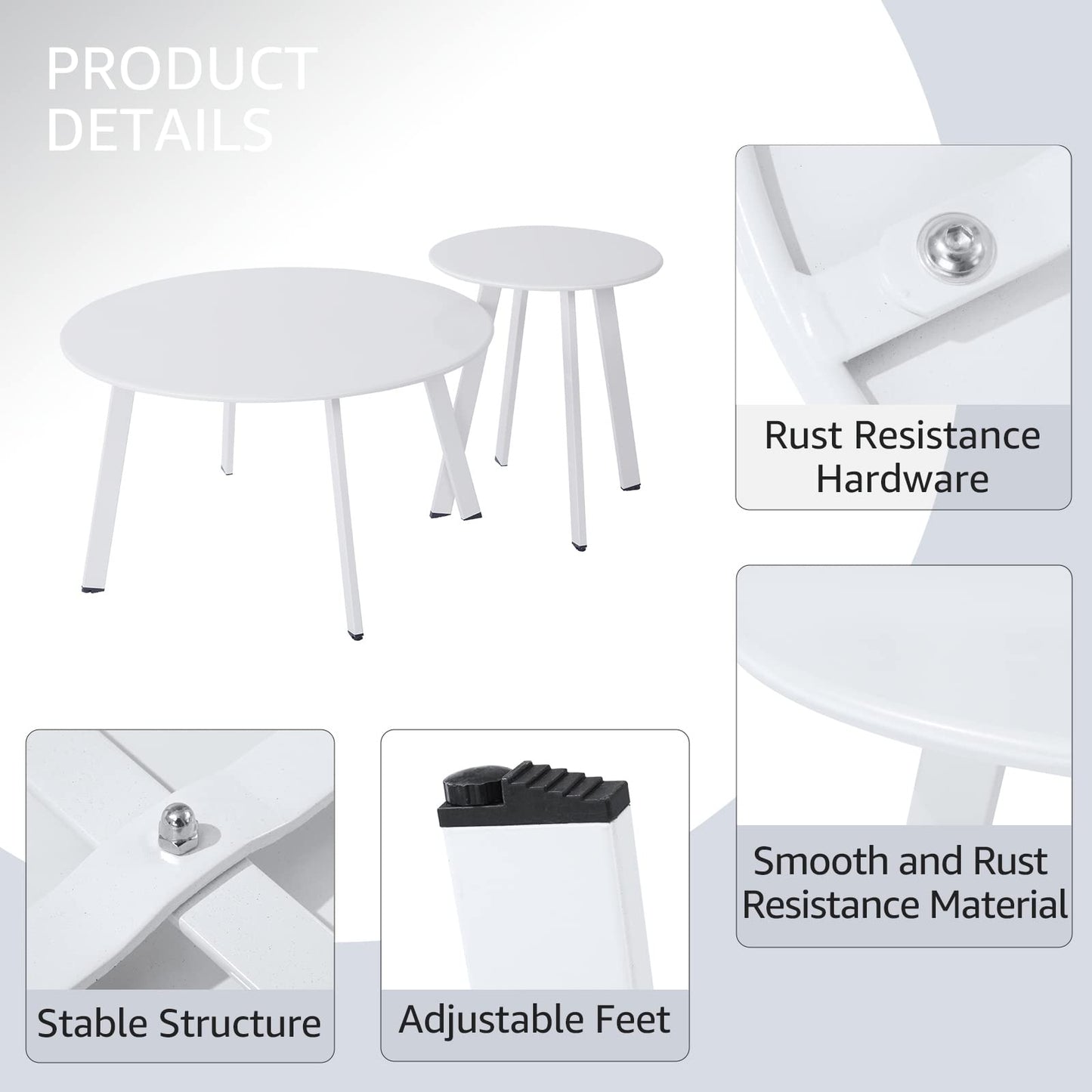 juserox Patio Outdoor Coffee Table Set of 2 - Weather Resistant Outdoor Round End Table Modern Coffee Tables for Living Room Balcony Home Office (White)