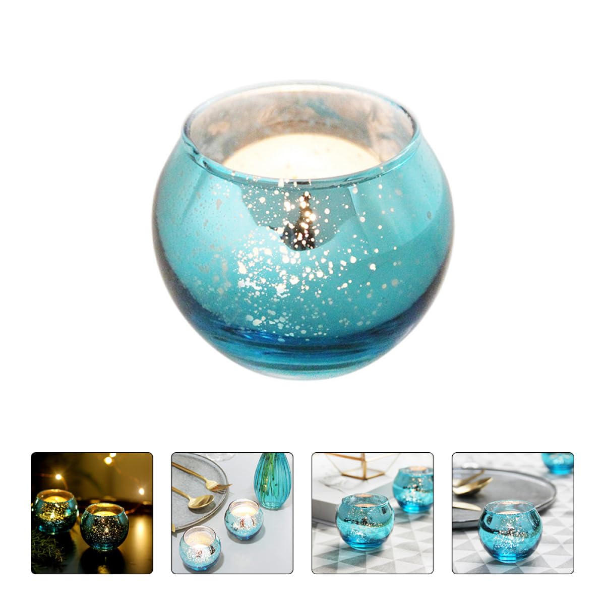 TIDTALEO 12pcs Glass Candle Cups with Blue Speckle Decorative Hollow Candleholders for Home and Hotel Table Centerpiece