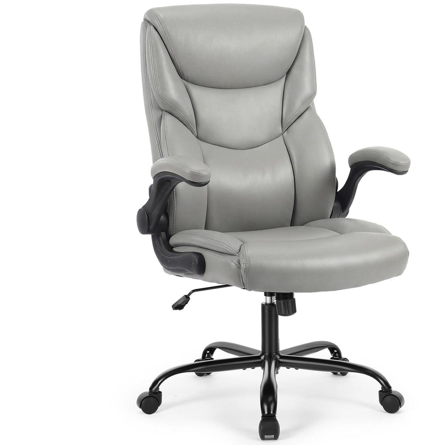 Sweetcrispy Office Computer Gaming Chair, Ergonomic High Back Heavy Duty Task Desk Chairs with Wheels, Flip-up Arms, Adjustable Height, PU Leather, Grey