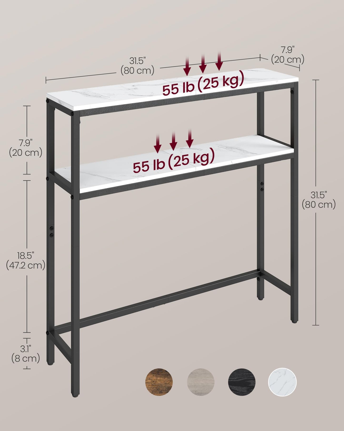 VASAGLE Console Table, 2-Tier Narrow Sofa Table with 2 Shelves, 7.9 x 31.5 x 31.5 Inches, for Living Room, Hallway, Entryway, Marble White and Ink Black ULNT130W59V1
