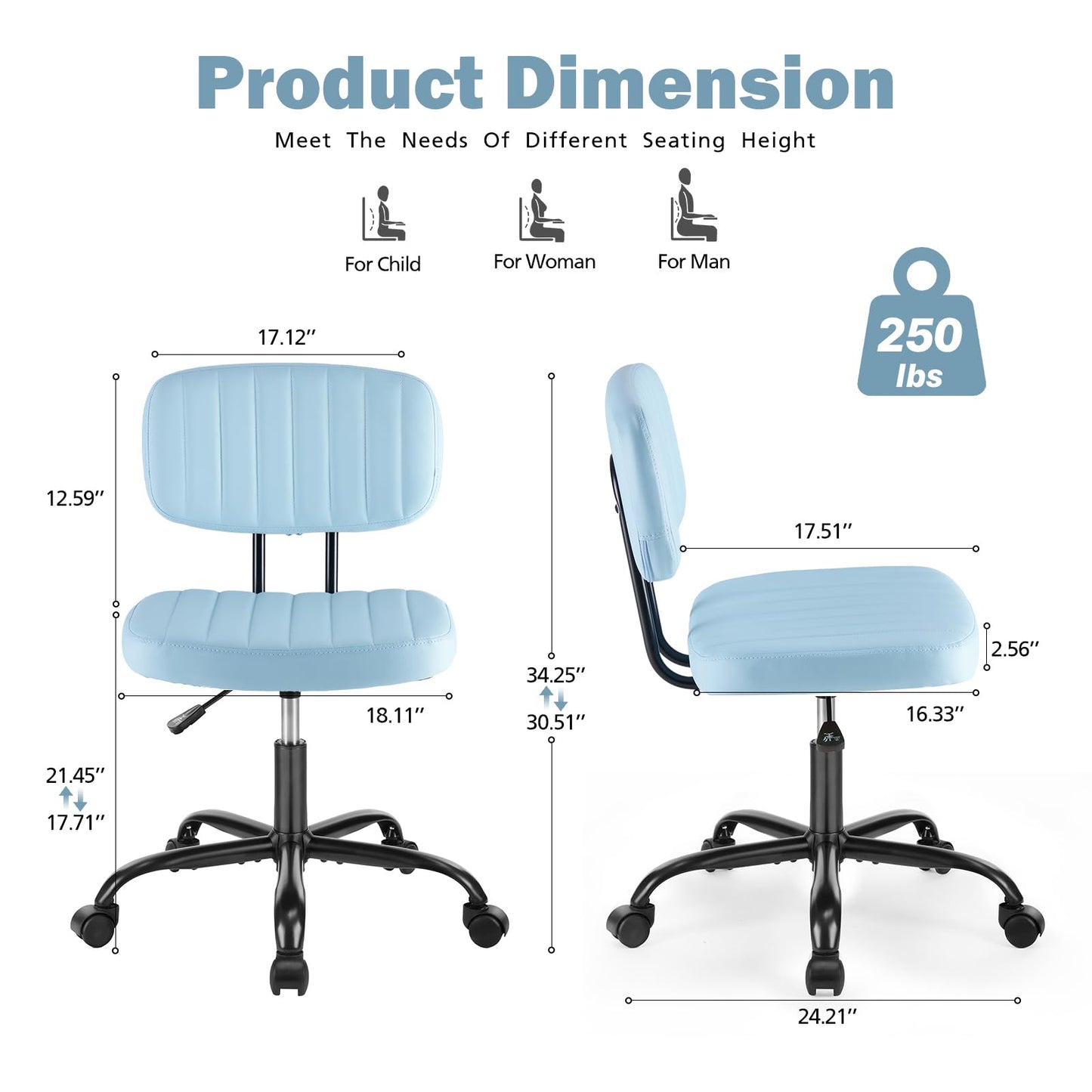 DUMOS Armless Home Office Executive Chair - Small Desk Chair with Low Back Lumbar Support, Height Adjustable PU Leather Computer Task Chair with 360° Swivel Wheels, for Adults, Blue
