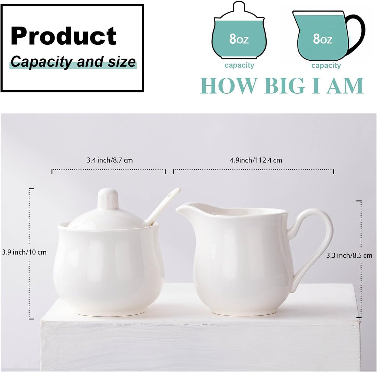 CHILDIKE Ceramic Sugar Bowl with Lid and Spoon, Ceramics Creamer with Handle, White 8 Ounces