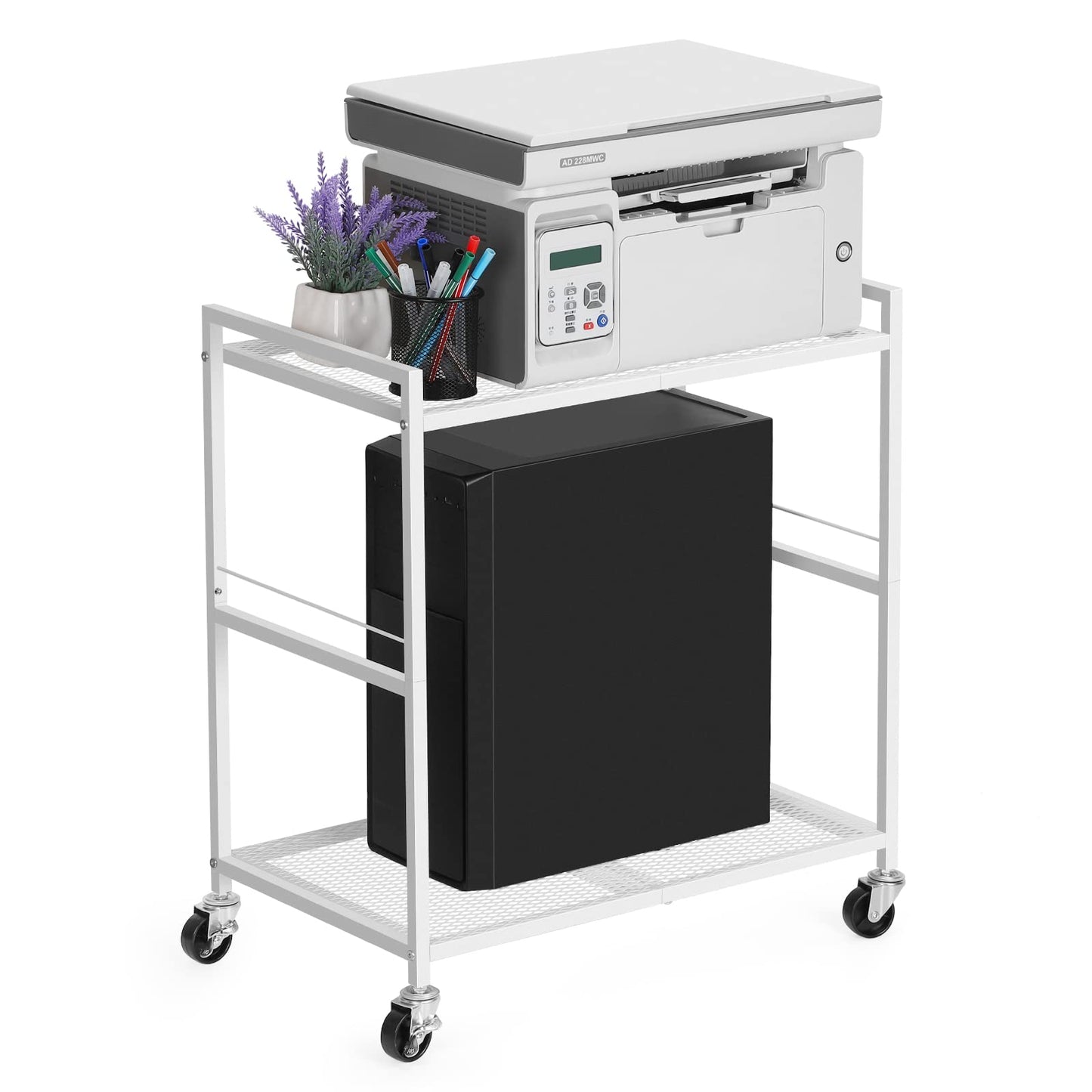 OYEAL Computer Tower Stand, PC Tower Stand Metal Rolling Cart Holds up to 40lbs, 2 Tier Mobile Printer Stand with Storage Under Desk for Home & Office, White