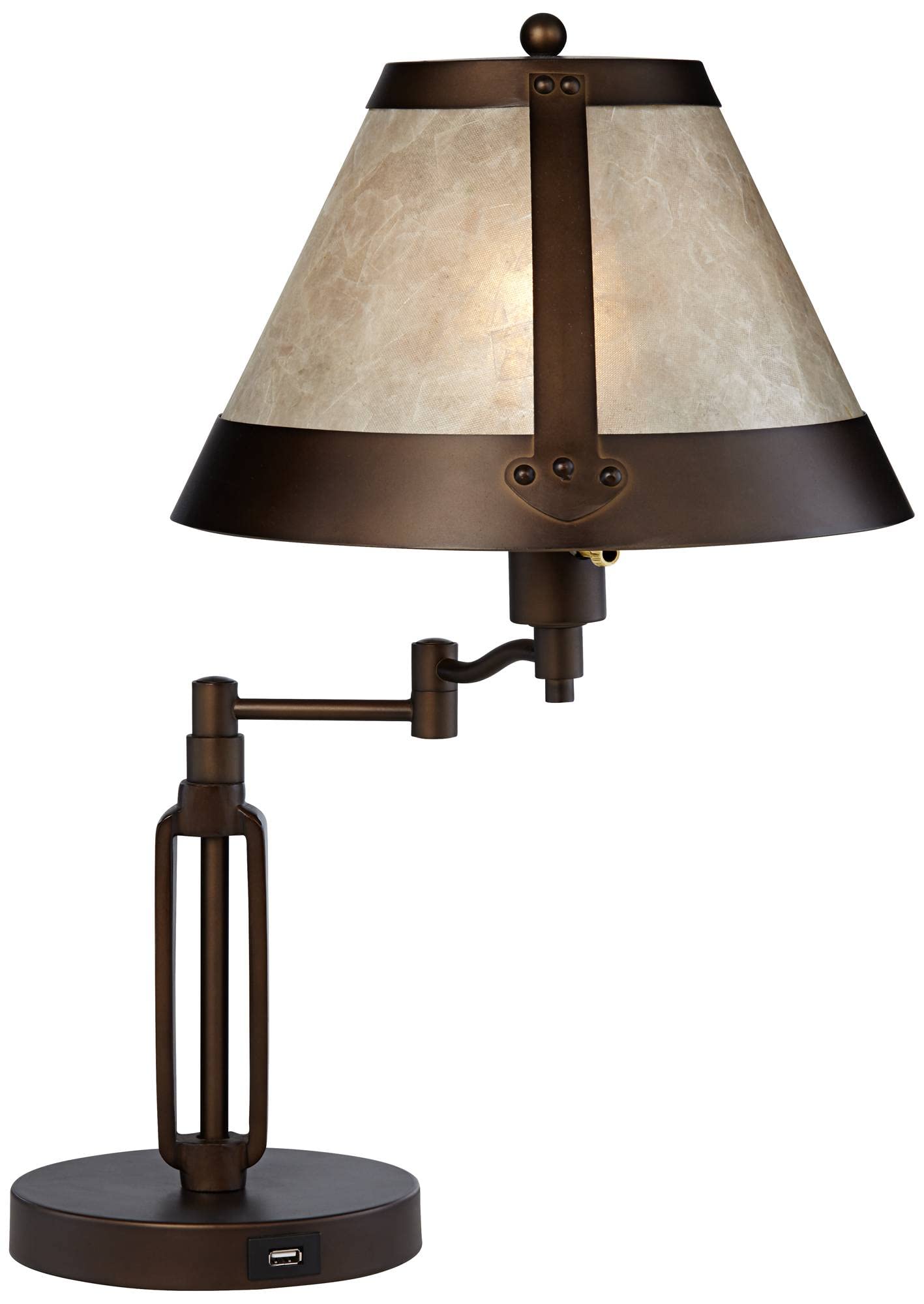 Franklin Iron Works Samuel Rustic Industrial Desk Table Lamps with USB Charging Port 21 1/4" High Set of 2 Bronze Swing Arm Mica Shade for Bedroom Living Nightstand Bedside Office Kids Room House