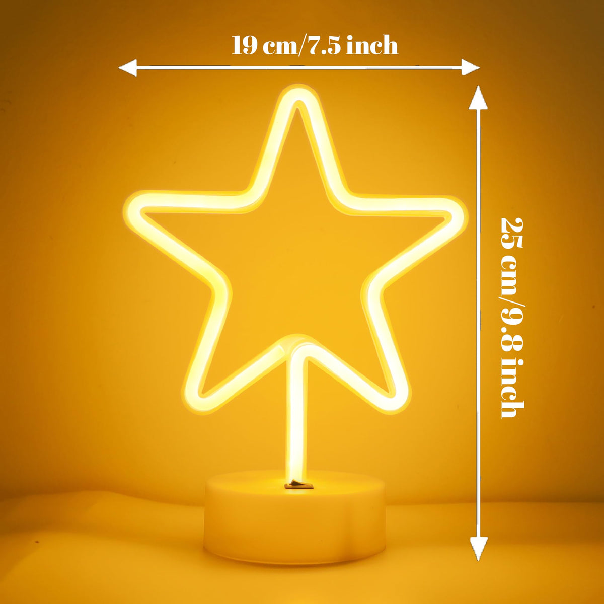 ENUOLI Warm White Star Shaped LED Neon Light Lamp with Base Battery Operated USB Powered LED Star Neon Sign Home Christmas Decoration Lights for Home Hotel Bedroom Store Decoration Night Light