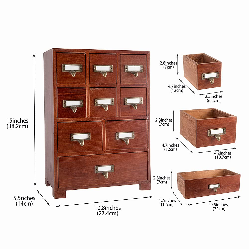 PACKGILO Apothecary Drawers Wooden Apothecary Cabinet with Drawers & Labels Rustic Library Card Catalog Cabinet Wooden Storage Box Desktop Organizer Herbal、Tea Bag、Jewelry Storage(Brown)