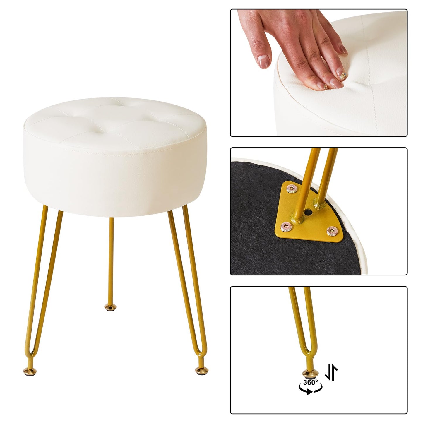IBUYKE Faux Leather Round Footrest Stool, Makeup Vanity Stool Side Table, PU Dressing Table Seat, Pouf Couch Stool, Golden Steel Legs, White LG-31W