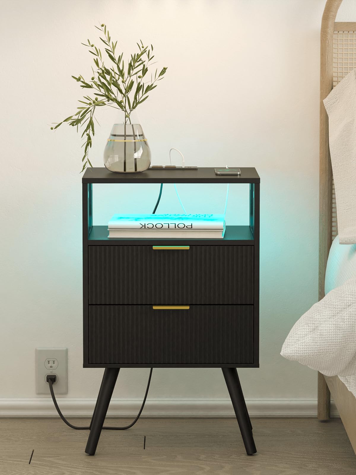 Leomonio Nightstand with Charging Station and LED Lights, Modern Bedside Table with 2 Storage Drawer and Open Wood Shelf for Bedroom and Small Spaces, Night Stand with Solid Wood Legs