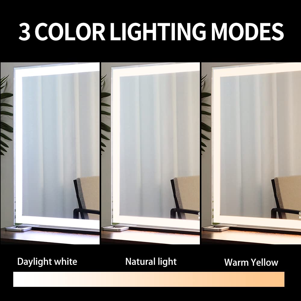 BEAUTME Large Vanity Mirror with Lights L36.2 X H26.8 inch, Lighted Tabletop/Wall Hollywood Makeup Mirror for Dressing Room & Bedroom,3 Color Modes with Dimmer,Silver