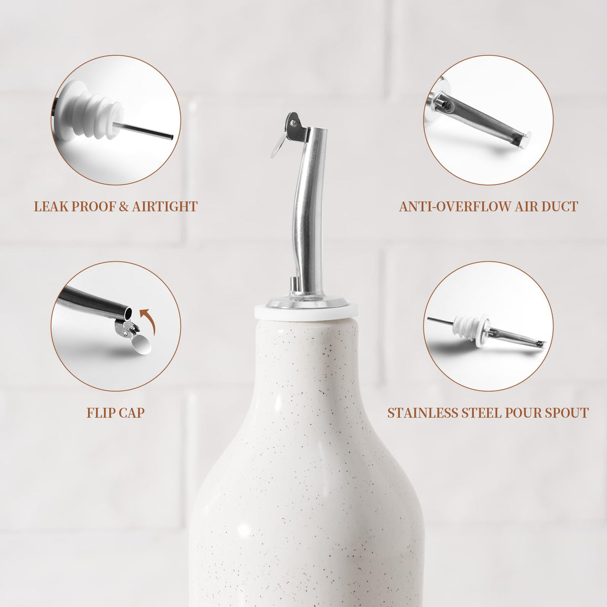 famiware Milkyway 16oz Ceramic Olive Oil Dispenser Bottle, 1 Piece Oil Dispenser for Kitchen with Stainless Steel Pourers, Suitable for Storage Vinegar, Soy Sauce, Coffee Syrup, Liquids, White