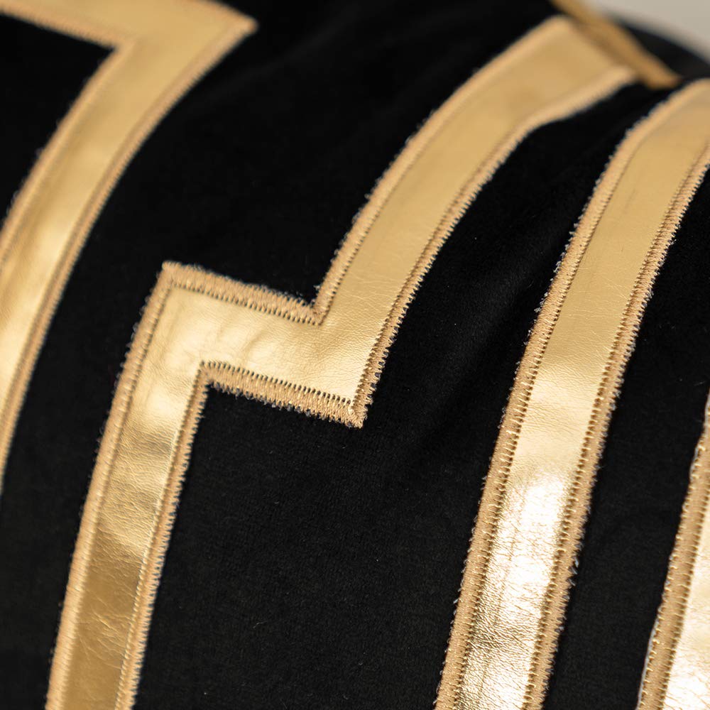Alerfa Gold Leather Striped Black Throw Pillow Cover 18x18 Inch, Geometric Luxury Decorative Embroidered Velvet Pillow Cover for Couch Living Room Bedroom