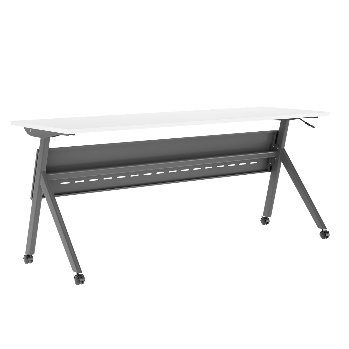 BizChair Commercial Grade 72" x 24" Heavy-Duty Nesting Flip Training Table with Y-Legs, Modesty Panel, 1" Thick White Tabletop, and Gray Steel Frame