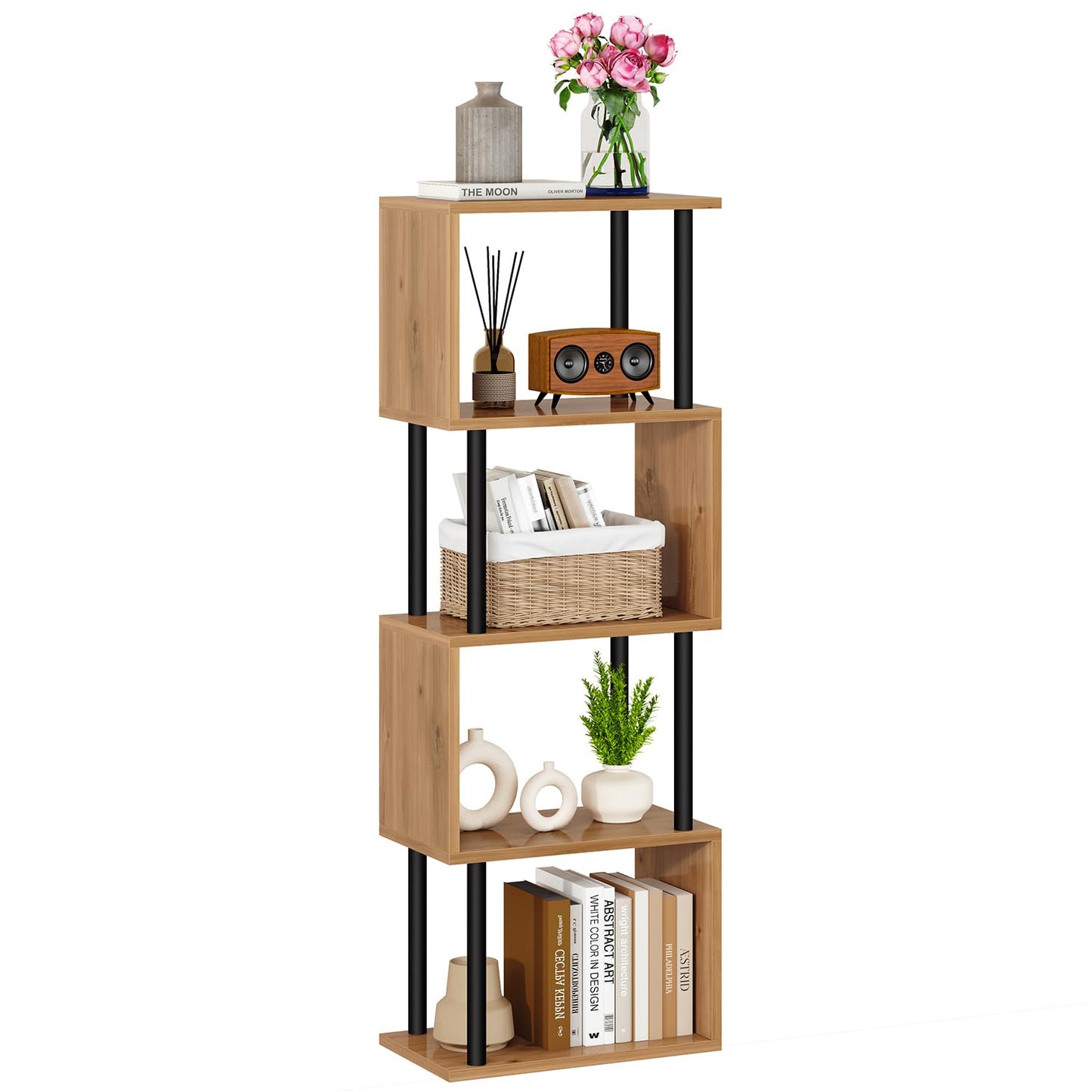 IBUYKE 5-Tier Tall Bookshelf,S-Shaped Geometric Bookcase, Wood Display Shelves with Storage,Modern Bookshelf for Living Room Bedroom, Home Office,Oak WBC015K