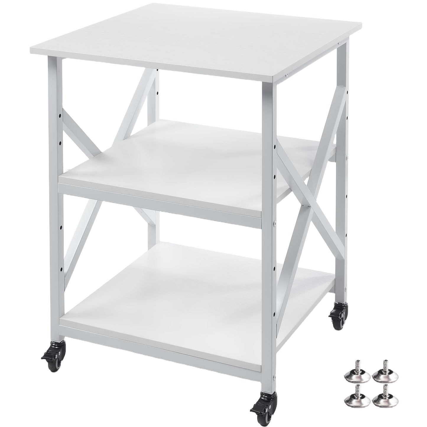 Fannova Large Printer Stand with Height Adjustable Storage Shelf, 23.6 x 23.6 Inches Square Printer Table with Industrial Wheels, Multi-use 3 Tier Rolling Printer Cart for Home Office - White