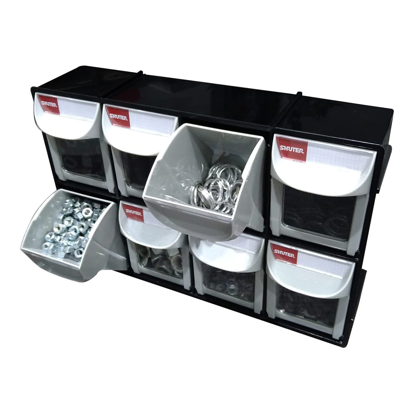 SHUTER Stackable Storage Drawers, 8 Compartment, Small Parts Tool Organizer, Tilt Out Craft Sewing Cabinet, Garage Storage, Warehouse Kits Included, Black, FO-308-BK