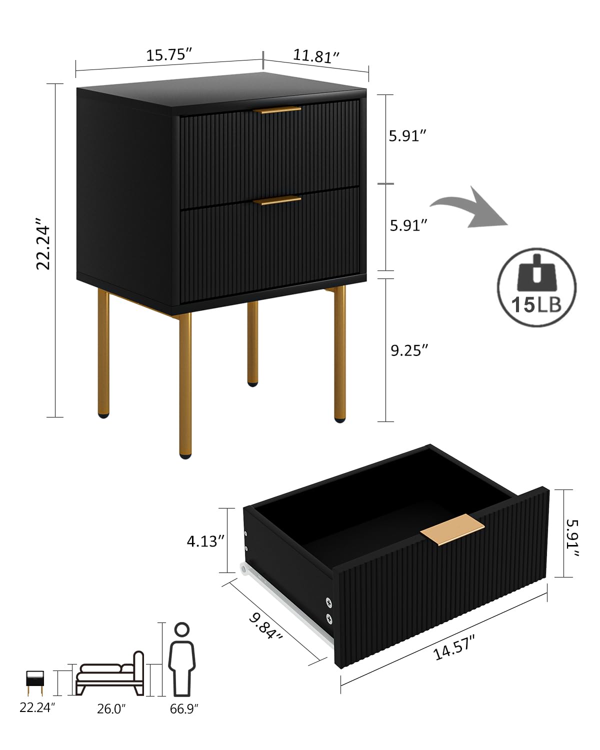 Masupu Nightstand,Mid-Century Modern Bedside Table with 2 Storage Drawer,Small Gold Frame Side End Table for Bedroom,Living Room, Black