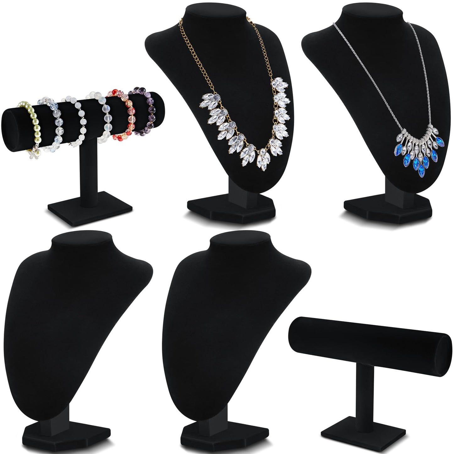 Huquary 6 Pcs Velvet Jewelry Display Set Necklace Display Stand T Bar Bracelet Holder Jewelry Bust for Home Store Trade Show (Black)