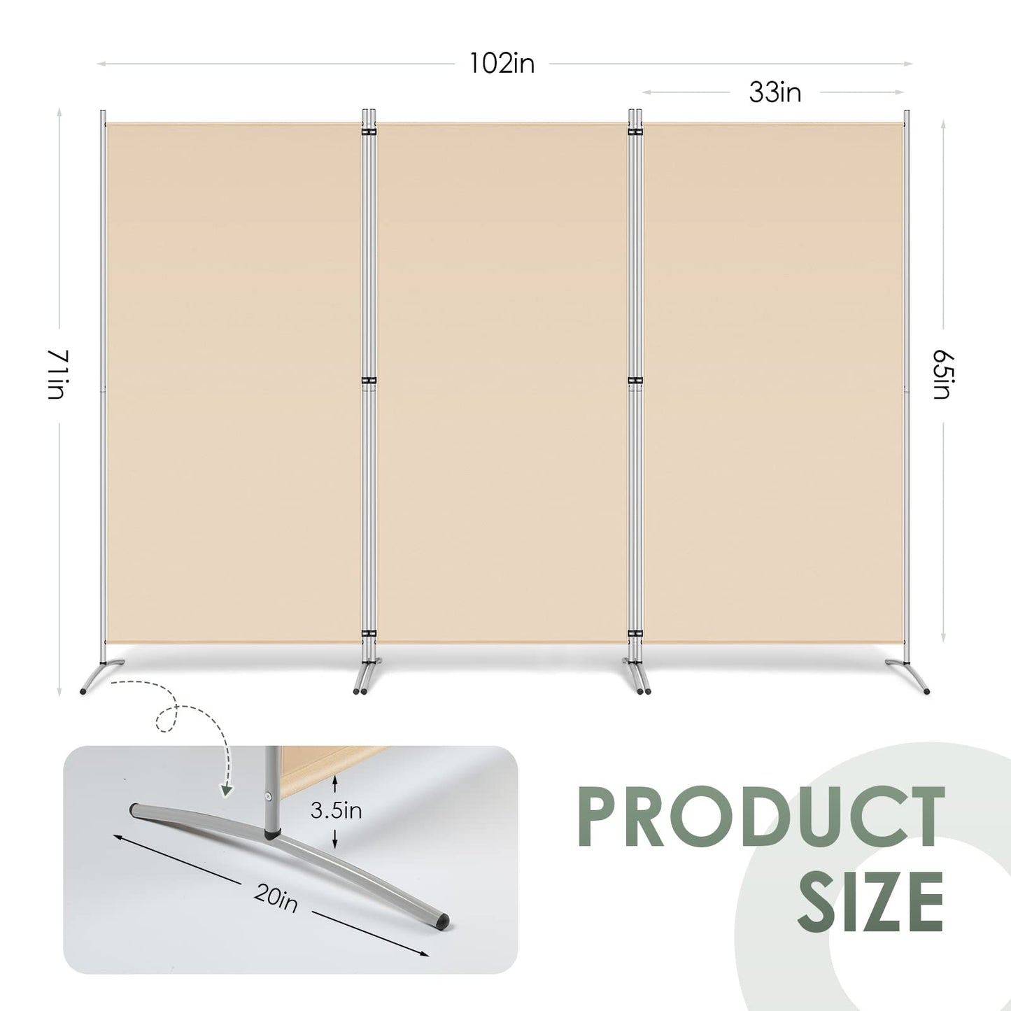 RANTILA 3 Panel Room Divider, 6 Ft Tall Folding Privacy Screen Freestanding Room Partition Wall Dividers, 102''W x 20''D x 71''H, Beige