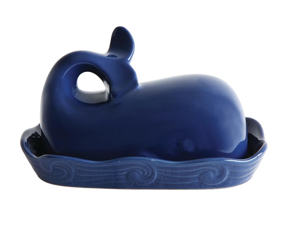 Creative Co-Op Dark Blue Whale Shaped Butter Dish with Lid