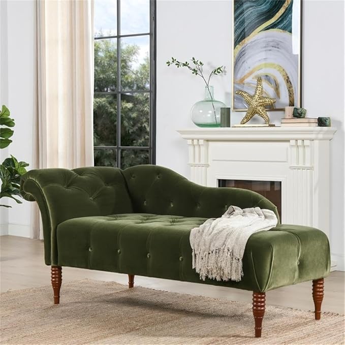 Pemberly Row Tufted Roll Arm Chaise Lounge, Olive Green Velvet Upholstery