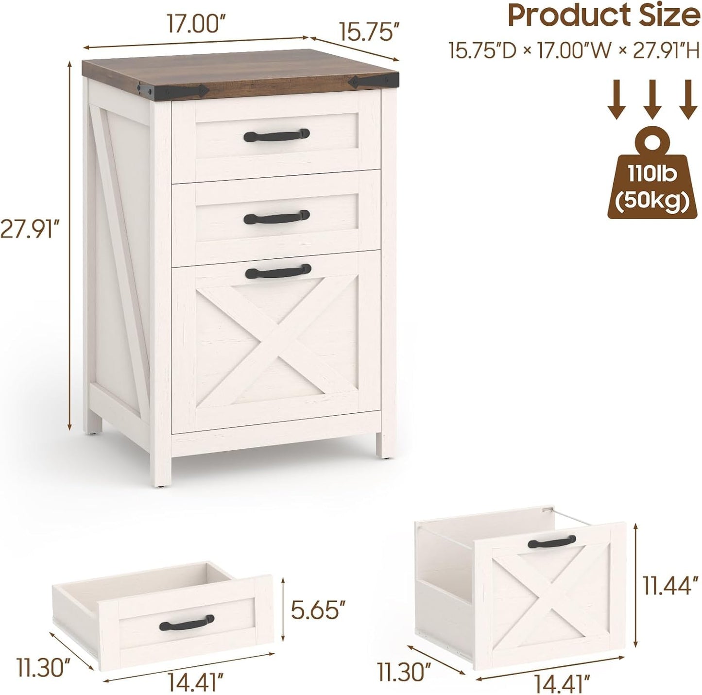 Halitaa 3 Drawer Small File Cabinet, Farmhouse Vertical Filing Cabinet Fits Letter and A4 Size, Under Desk Wooden File Cabinets for Home Office, Printer Stand, Rustic White and Brown