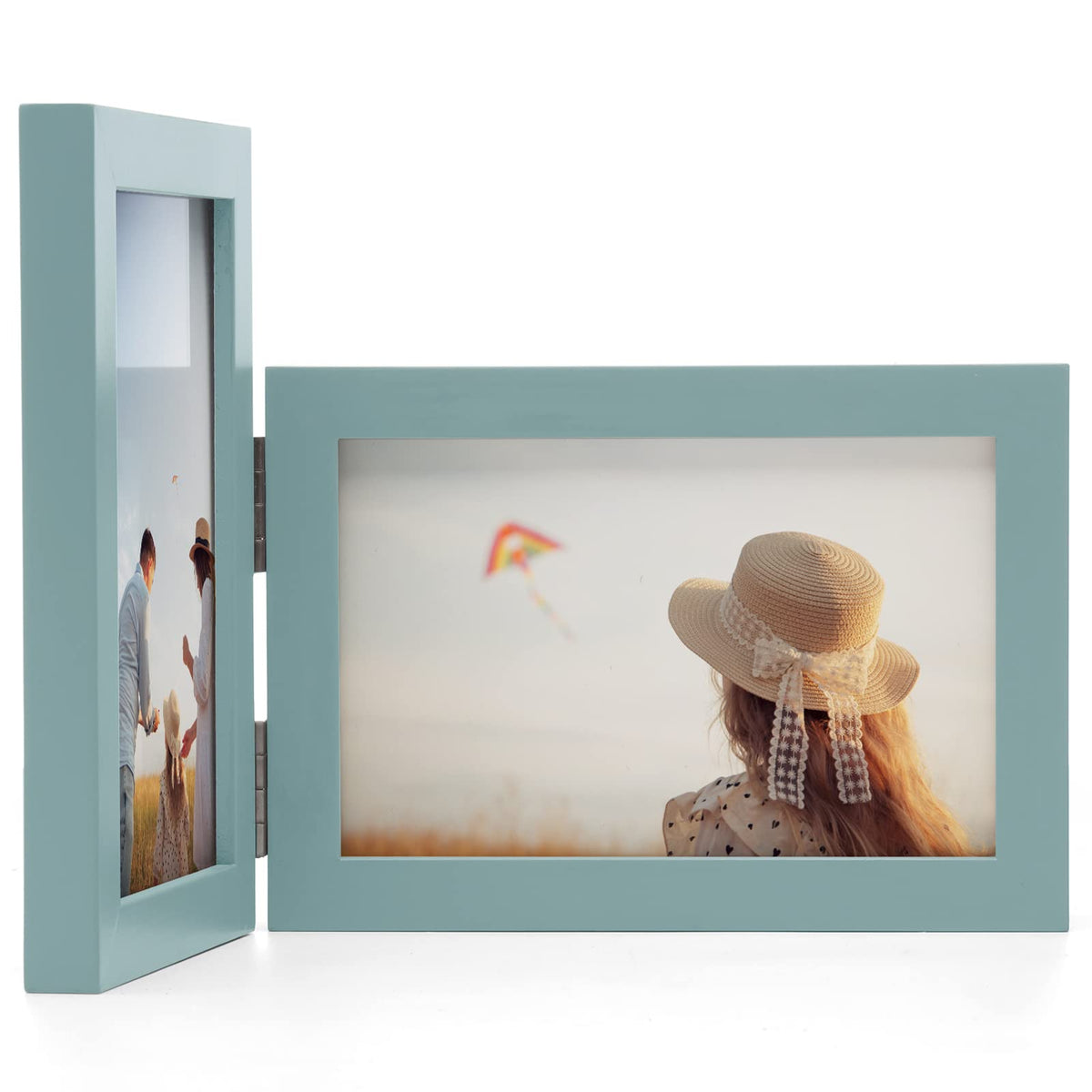 Janreefan Double Vertical & Horizontal 4X6 Picture Frames Hinged Folding Photo Frames in Teal Blue for Wall Hanging or Tabletop Standing, Made of Pine Wood with Real Glass P-S46H64-LAN