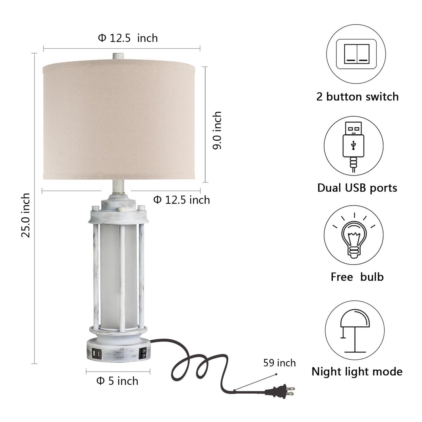 AIEAMPDO 25" Set of 2 Antique White Rustic Table Lamps 2 USB C+A Ports