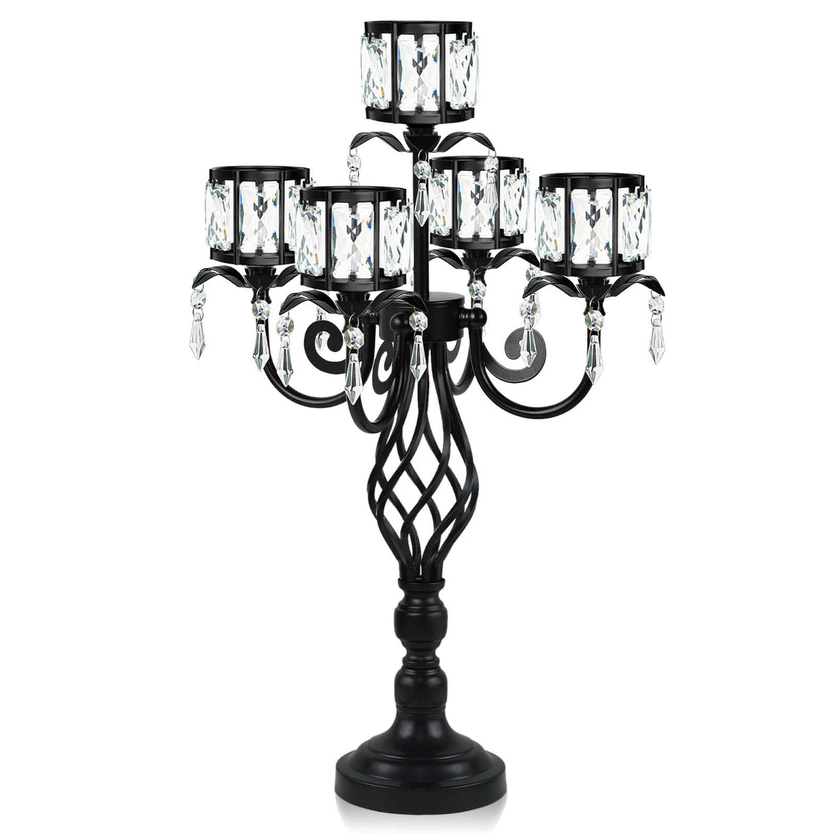23.2 inch Tall Elegant and Chic 5 Arm Pendant Crystal Candlestick Holder Table Decoration tealight Candle Holder, Candelabra for Gorgeous Wedding/Parties Table Centerpiece (1, Black)