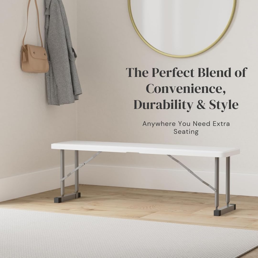 New Home Era 2.75ft Plastic Folding Bench – Lightweight and Portable White Resin with Durable Steel Frame, 33”x8”x16” - (Pack of 1, White, 2.75 Feet)