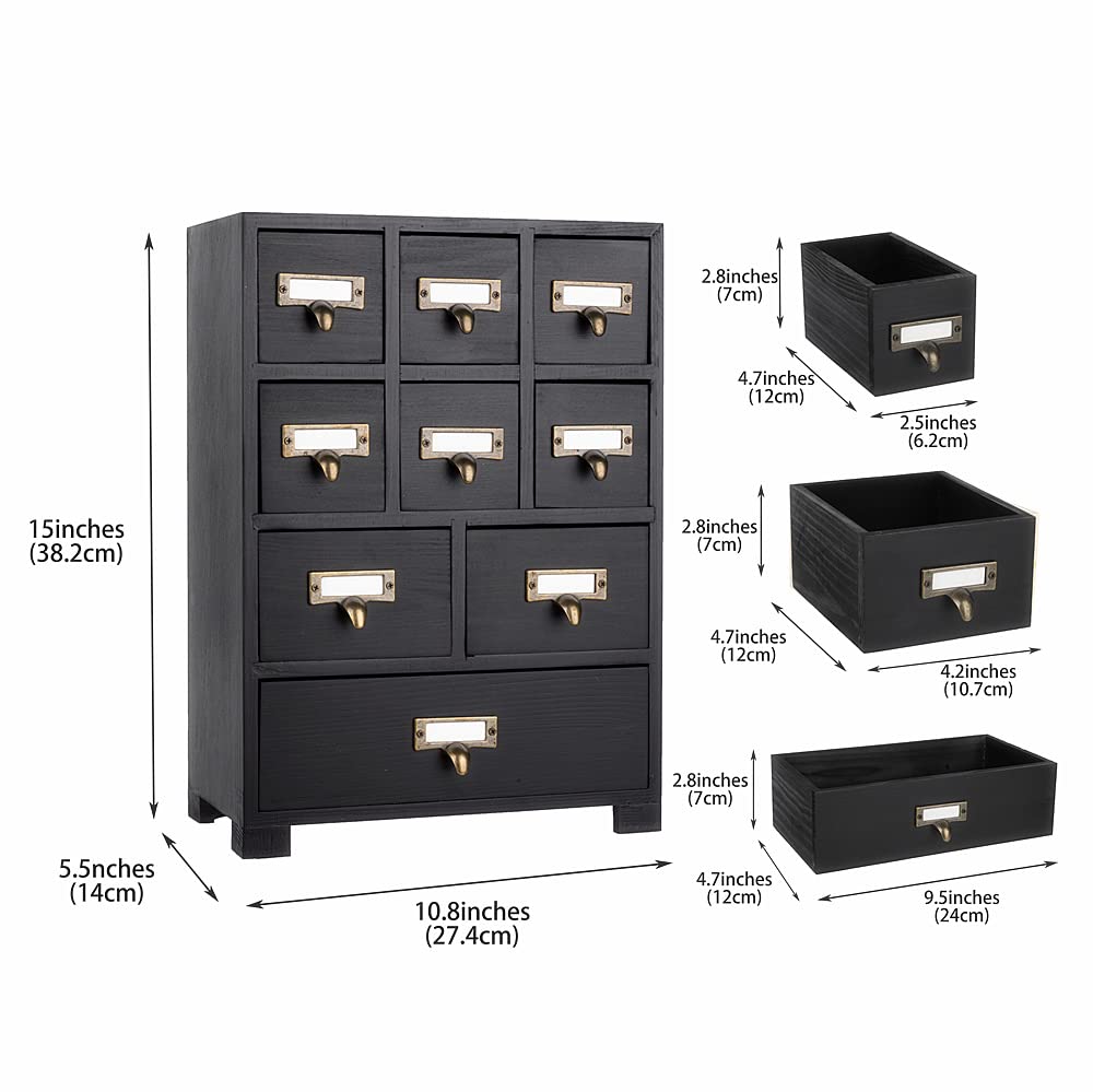 PACKGILO Apothecary Cabinet with 9 Drawers & Labels Rustic Library Card Catalog Cabinet Desktop Wooden Storage Box for Organize Herbal、Tea Bag、Jewelry (Black)