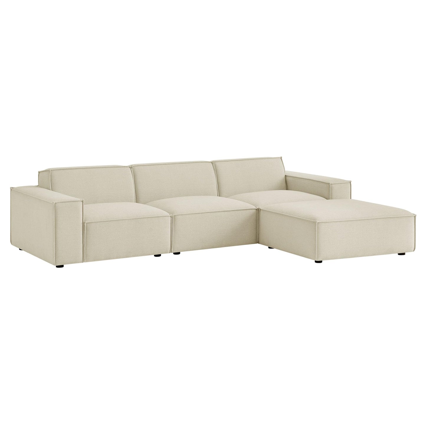 Modway Restore Performance Fabric Upholstered 4-Piece Modular Sofa Set with Ottoman in Ecru - Low Profile Sectional Sofa with Coil Seat Support and French Piping