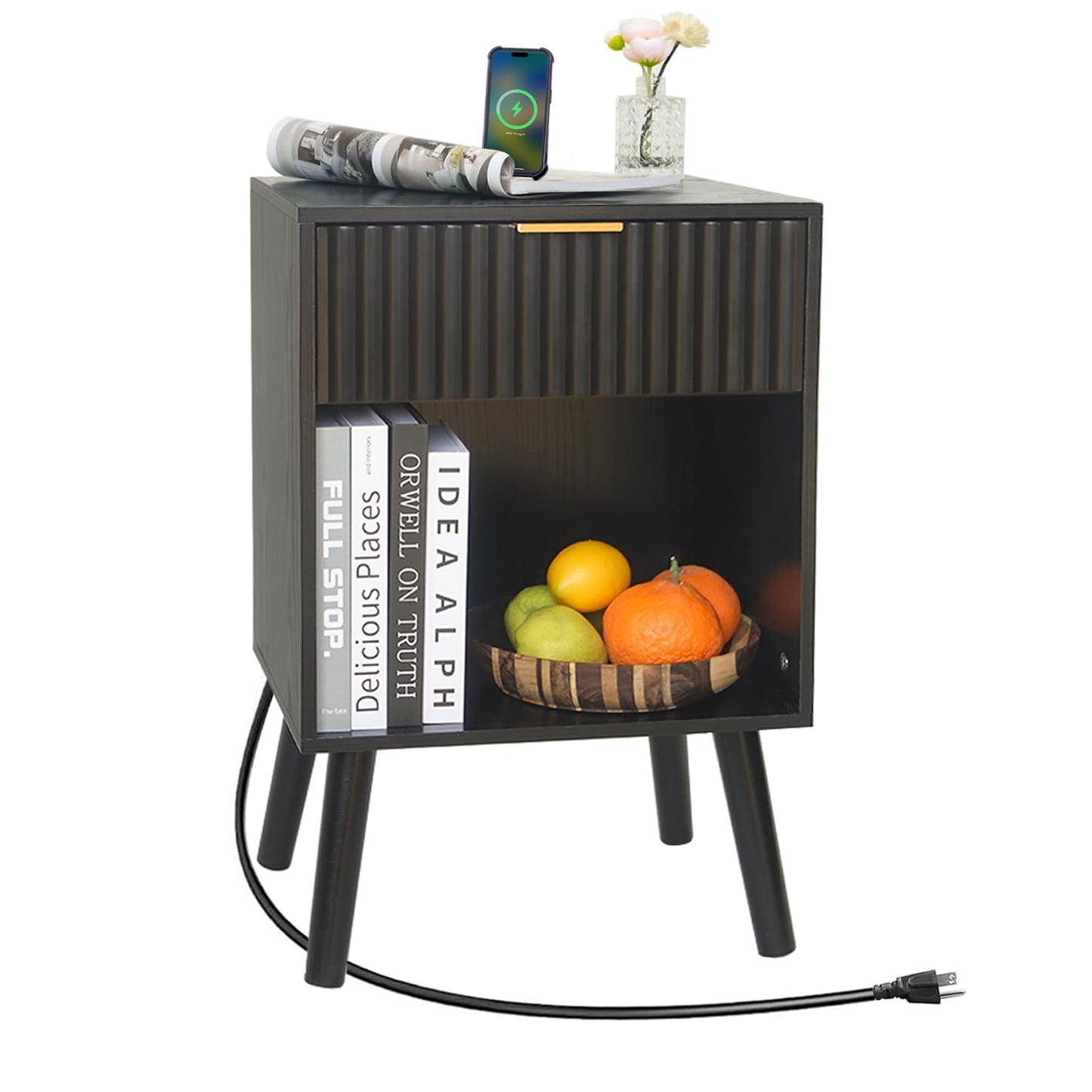 Fultyle Fluted Black Nightstand with Charging Station, Mid Century Modern Bedside Table with Drawers and Outlet, Side Tables Living Room, Wooden Night Stand for Bedroom, Office (Black)