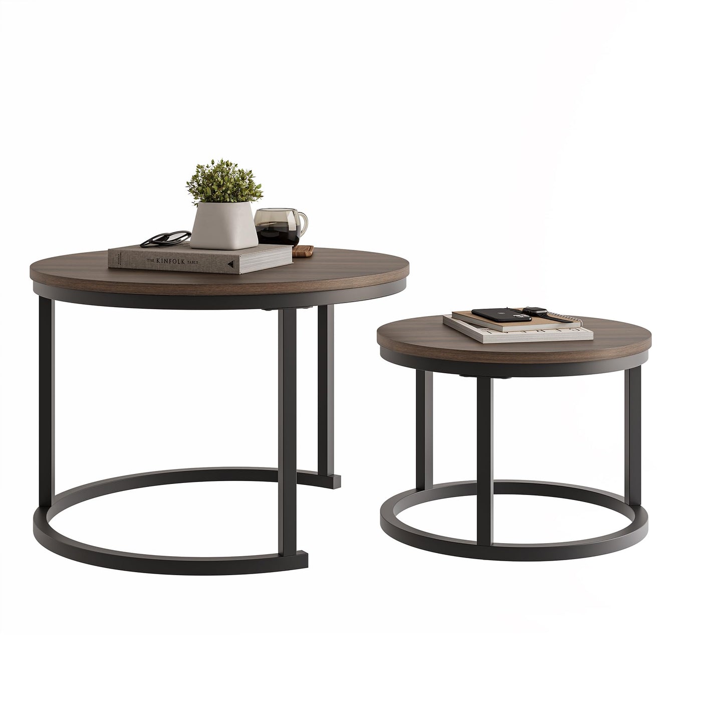 HOJINLINERO Round Coffee Table,Nesting Coffee Table Set of 2,Center Tables for Living Room,Office, Home Small Space,Stacking Side Tables,Sturdy and Easy Assembly,Wood Desktop,Walnut+Black,Large