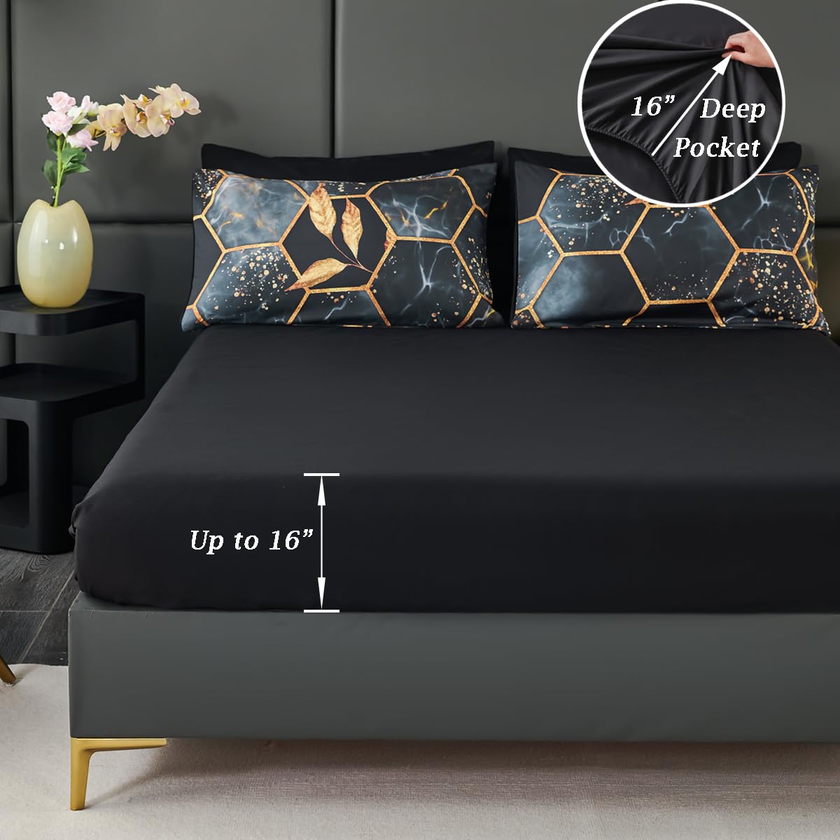 ZRNBAST Hexagon Black and Gold Comforter Set Queen Size - 7 Pieces Geometric Bedding with Sheets, Gold Trim Honeycomb Print Bed in A Bag(Black, Queen)