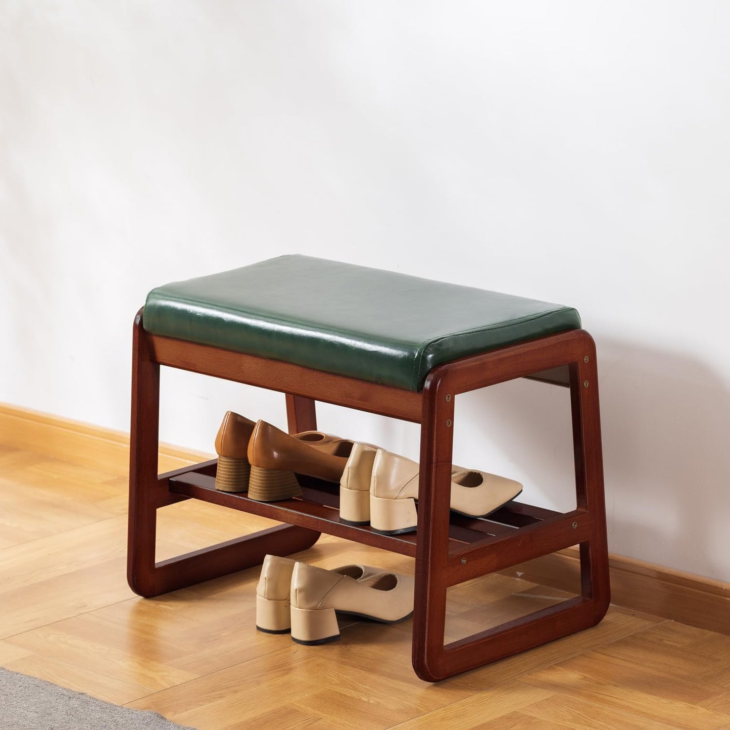 SOBIBO Solid Wood Shoe Bench, 2-Tier Wooden Entryway Bench, Modern Shoe Rack with Faux Leather Cushion for Hallway, Living Room (Green, 21.65'')