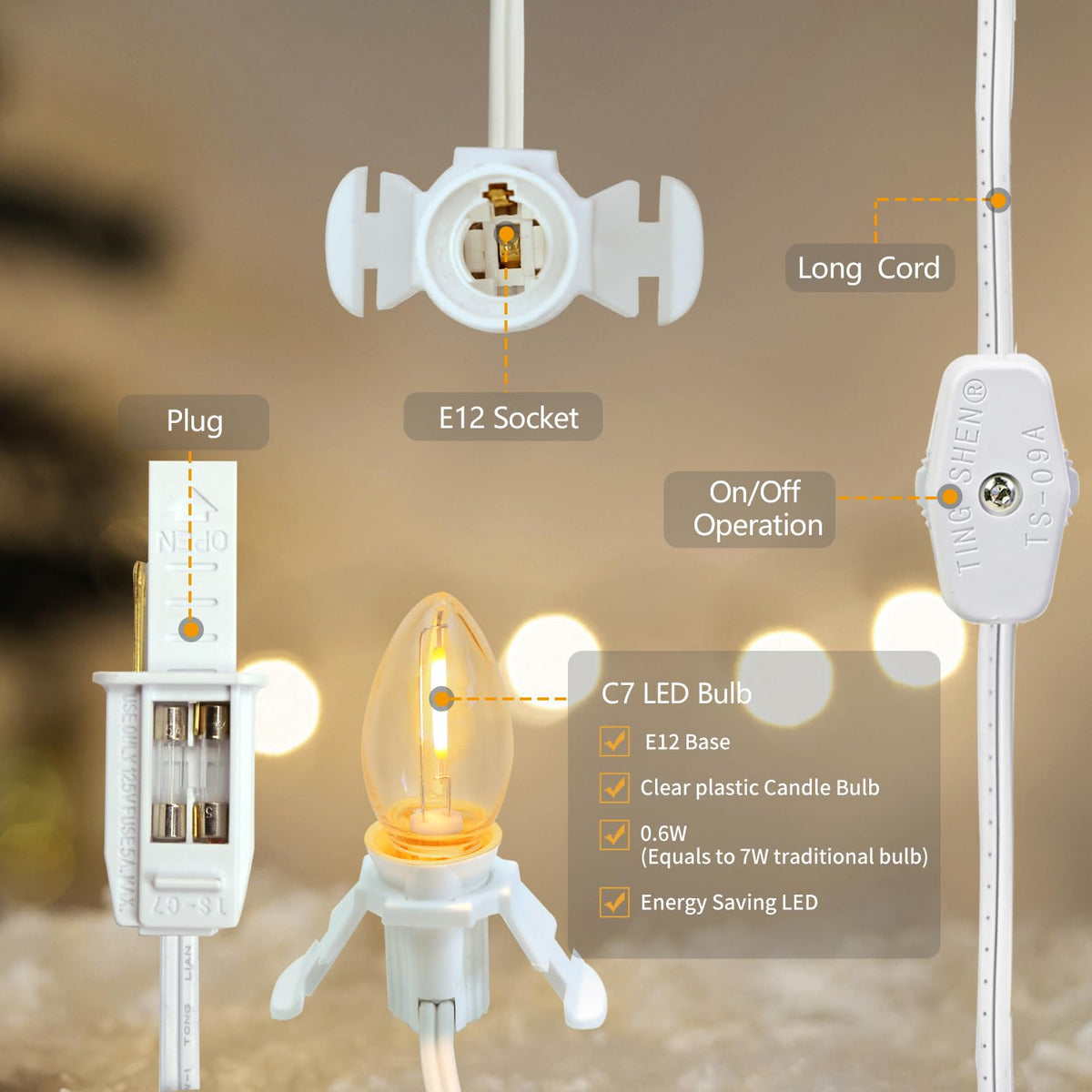 2 Pack Accessory Cord with 2 C7 Led Light Bulb Candelabra-Base E12 Socket White Cord with On/Off Switch Plugs for Holiday Decorations Christmas Village House