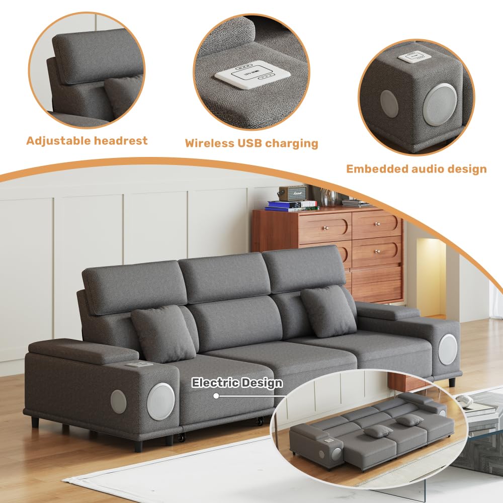 3-Seater Power Recliner Sofa with Remote Control, Bluetooth Speakers & Wireless Charging, Electric Reclining Sectional Couch with 2 Storage Boxes, USB Ports, for Living Room