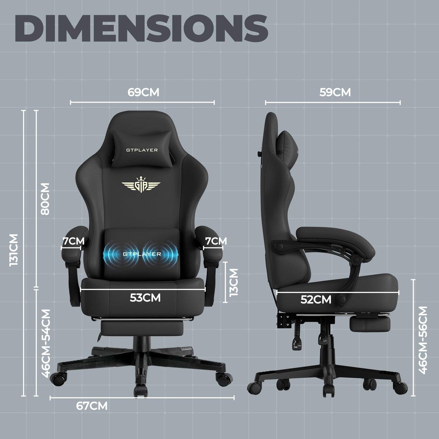 GTPLAYER Gaming Chair with Pocket Spring Cushion, Big and Tall Gamings Chairs 350LBS High Back Computer Chair with Footrest for Adults Lumbar Support Swivel Game Chair for Office,Leather Black-Massage