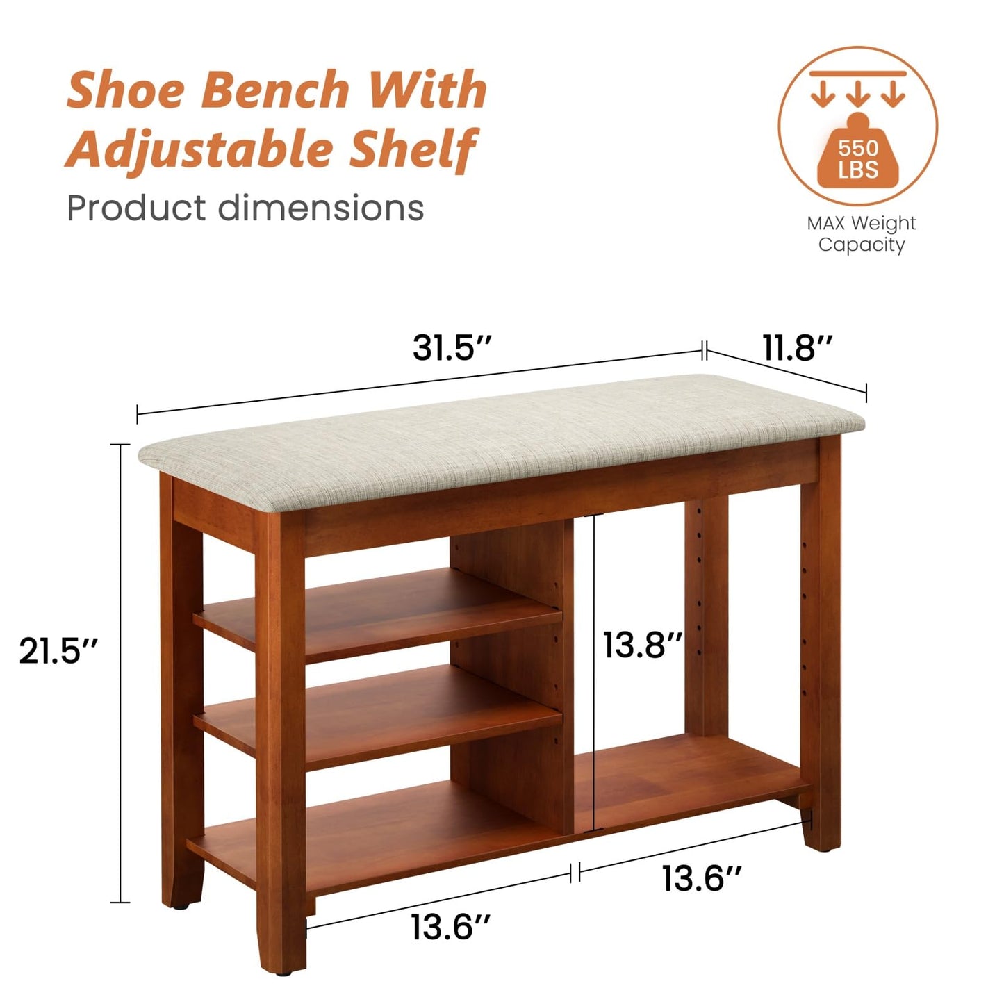 FAGAGA Shoe Rack Bench with Cushioned Seat, Solid Wood Entryway Bench with Flip-Top, Adjustable Shelf, Shoe Storage Bench for Hallway, Living Room, Mudroom (Beige, 31.5" L)