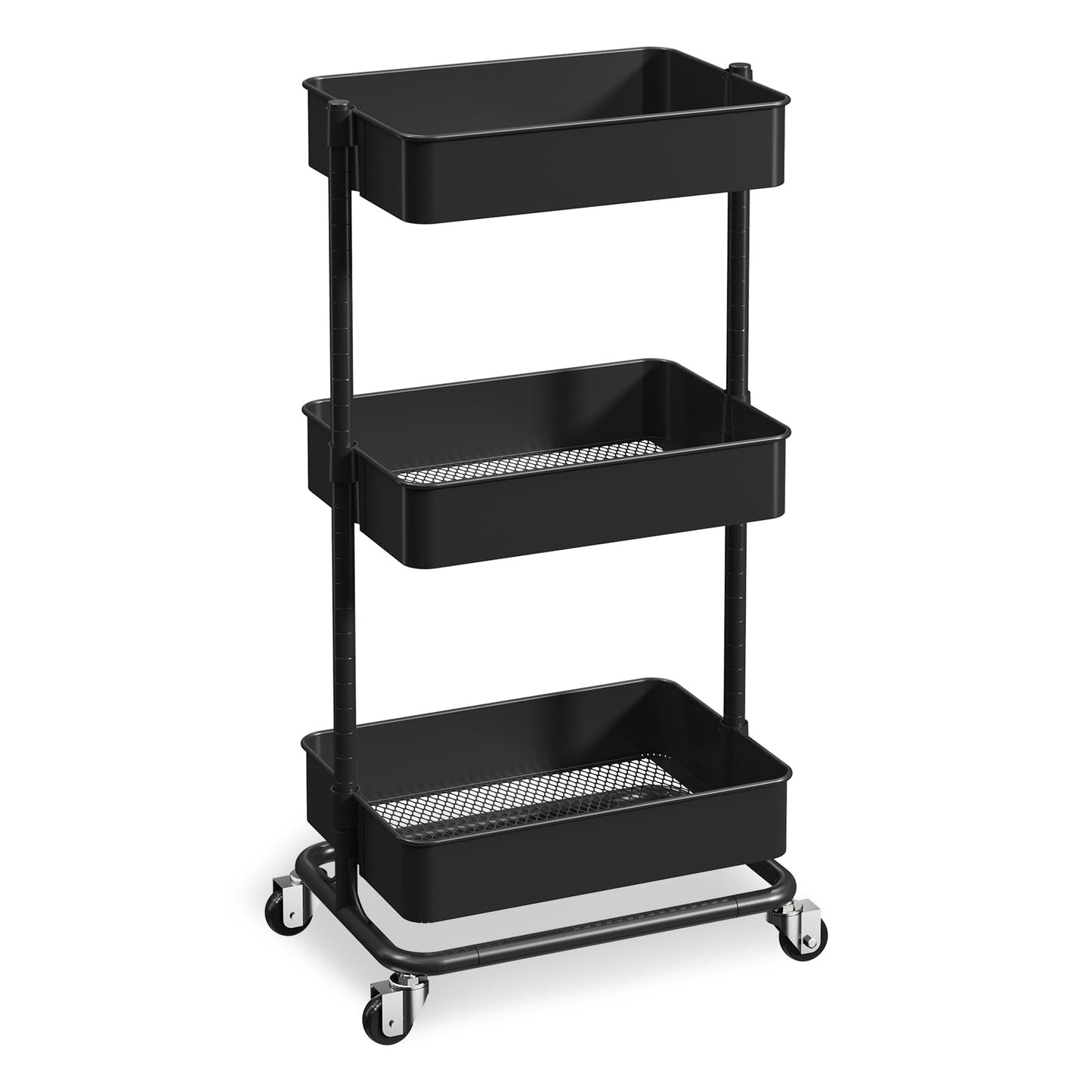 3 Tier Utility Rolling Cart, Heavy Duty Metal Rolling Cart with Wheels, Storage Organizer, Portable Mobile Shelving Unit for Office, Bathroom, Kitchen (Black)