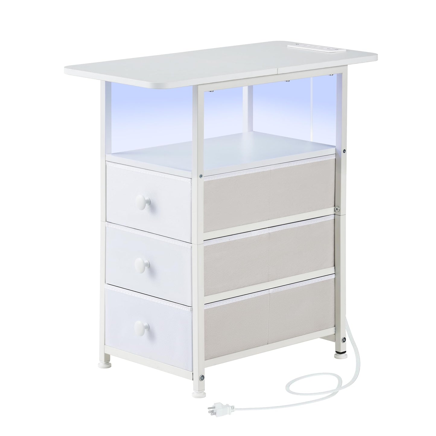 DALEMHOME Narrow End Table with Charging Station, Narrow Side Table with 3 Fabric Drawers, Slim Nightstand with LED Light, Small Table with Storage, Living Room, Bedroom, White HKET1303WT