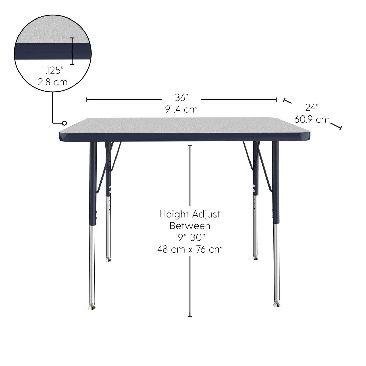 FDP Rectangle Activity School and Office Table (24 x 36 inch), Standard Legs with Swivel Glides, Adjustable Height 19-30 inches Quick Ship Single Box - Gray Top and Navy Edge