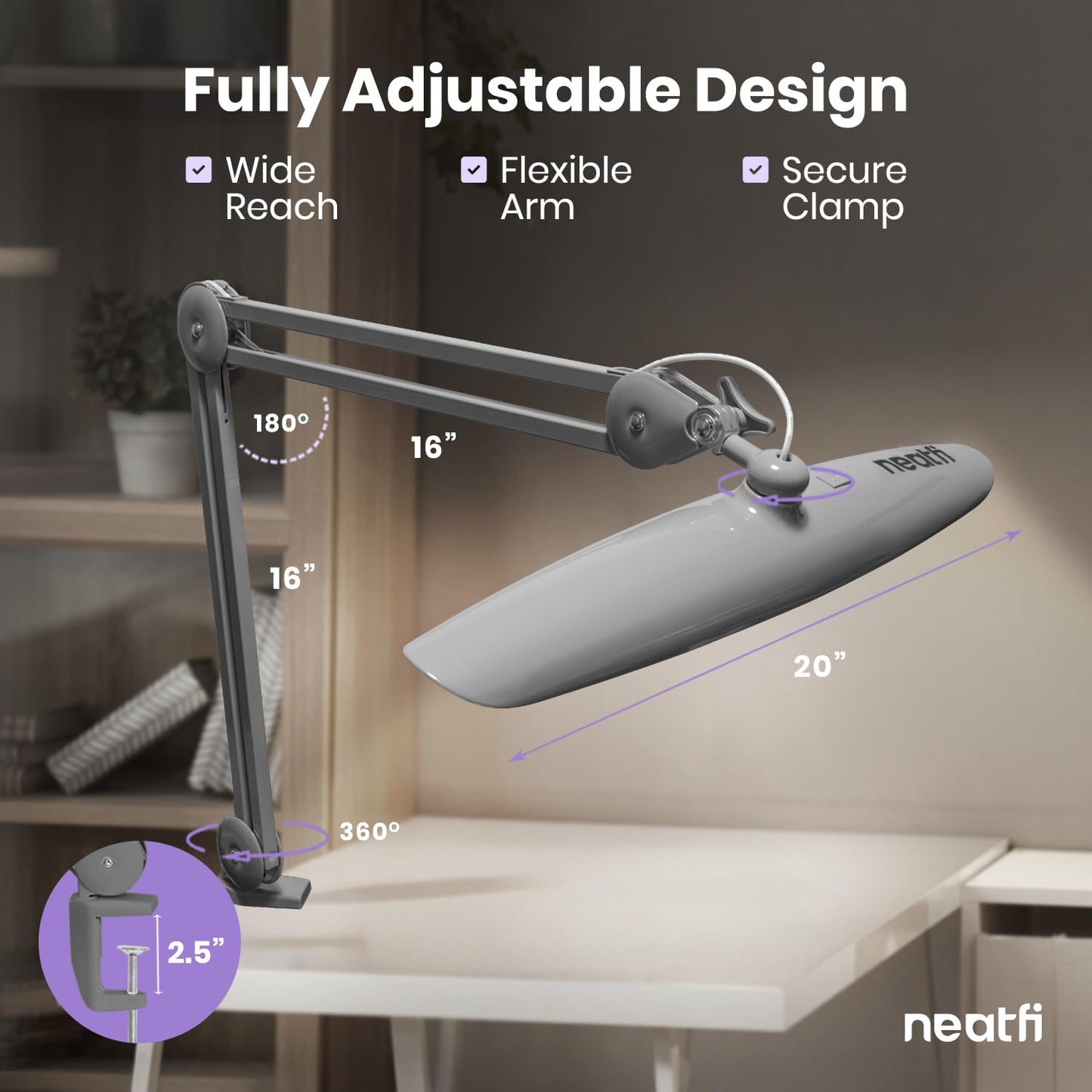Neatfi XL 2200 Lumens 24W LED Desk Lamp – Shadow-Free Task Lighting | 4-Level Dimming | Home Office & Crafts Use | 20-Inch Wide Head (Silver, Non-CCT with Clamp)