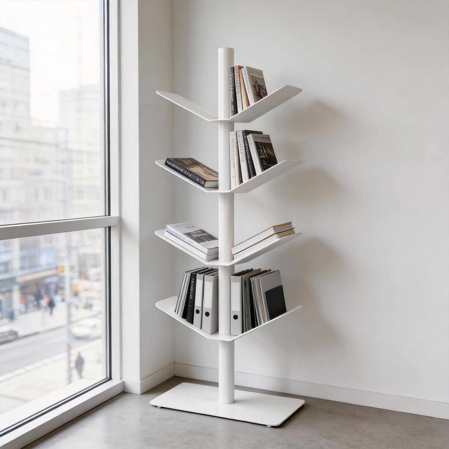Luttasa 5 Tier Metal Spine Bookshelf Tower, Metal Vertical Bookshelf Display Shelf for Collectibles, Fgures, for Study Room, Living Room, Office, Bedroom (White, 5 Tier(V-Shaped))